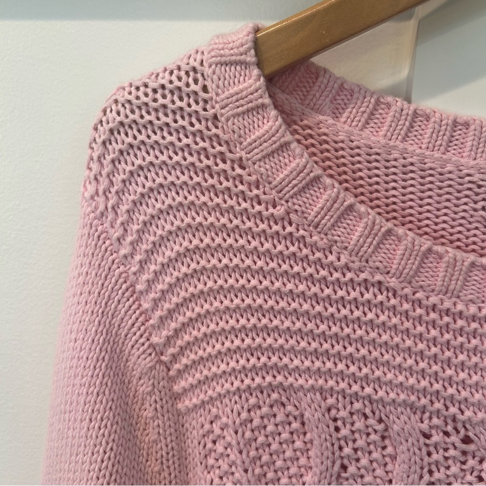 Lands' End Drifter Cable Knit Sweater Pink 100% Baumwolle Cotton Warm Large - Picture 3 of 7